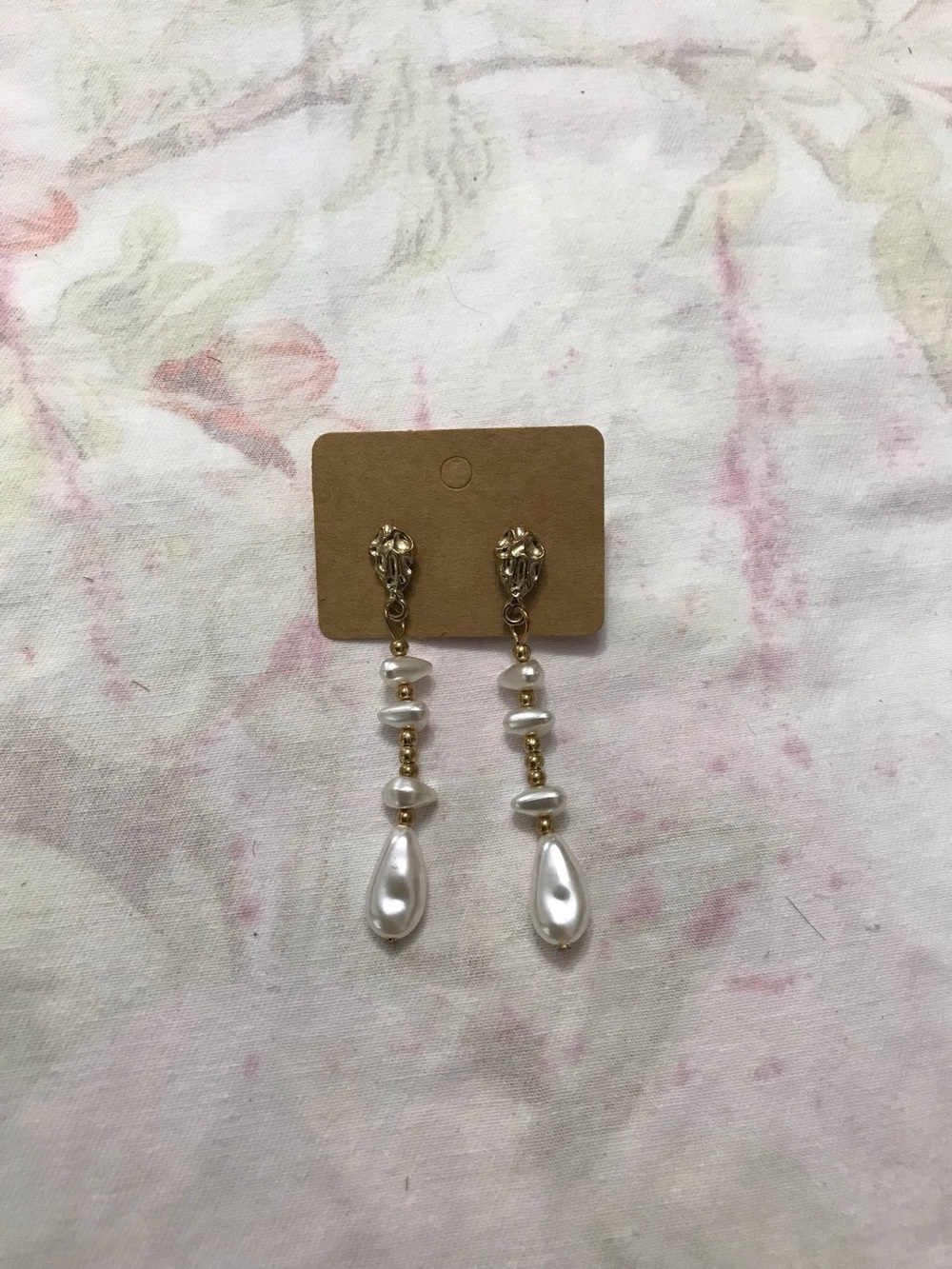 Gold Tone Faux White Pearls Dangle Long Beaded Earrings